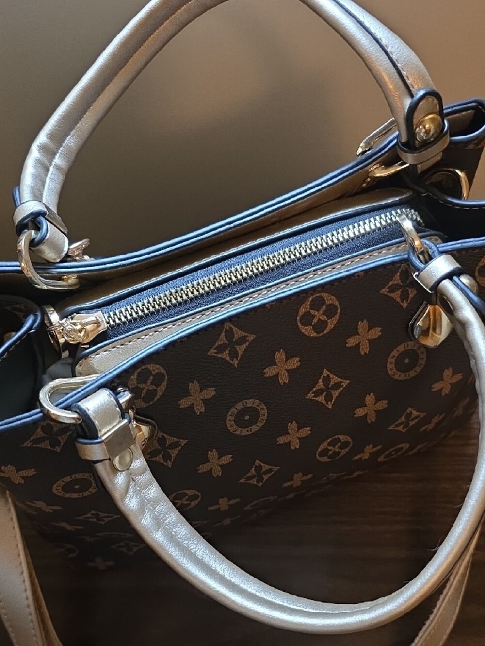 Brown Monogram Satchel Handbag with Gold Accents - Picture 8 of 16